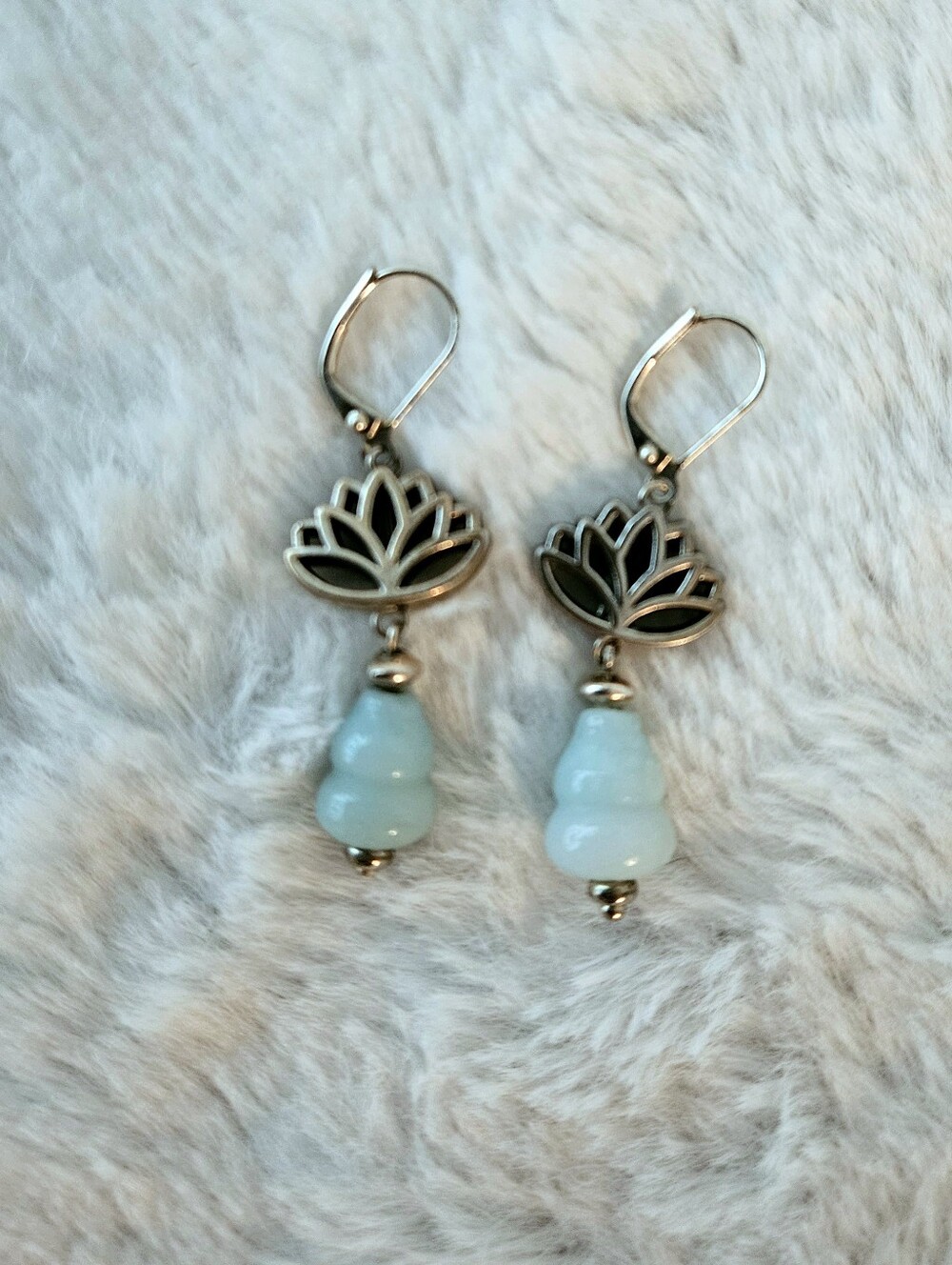 Lotus Drop Earrings with Pale Aqua Beads